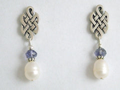 Sterling Silver & surgical steel Celtic knot stud Earrings-Iolite, fw pearls
