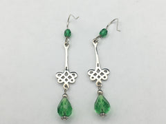 Sterling Silver long swirly Celtic Knot dangle Earrings-green crystal, knots,