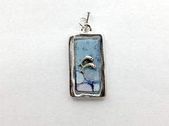 Pewter frame with double dolphin sterling silver pendant-resin, alcohol ink, dolphins, ocean
