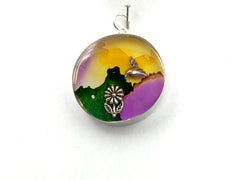 Sterling silver 25mm Round Pendant with Sterling Silver Hummingbird and Flower, alcohol ink,  flowers, sun