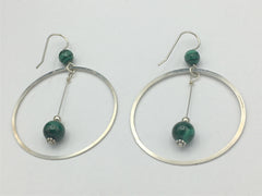 Sterling Silver large Circle drop Earrings-Malachite, gorgeous, green, 2 1/4"