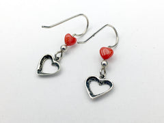 Sterling Silver small open Heart dangle Earrings - coral hearts, Love, Valentine