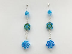 Sterling silver & white, aqua, green  glass millefiori flower beads dangle earrings