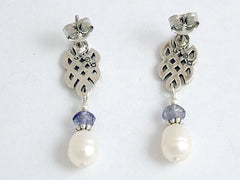 Sterling Silver & surgical steel Celtic knot stud Earrings-Iolite, fw pearls