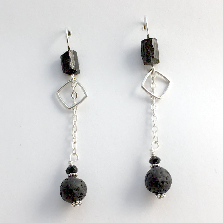 Sterling silver, square with chains, Black Tourmaline , and Volcanic Scoria dangle earrings