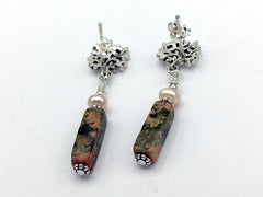 Sterling Silver floral leaf bush stud w/unakite and freshwater pearl dangle Earrings-garden, gardener