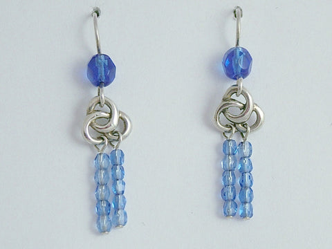Sterling Silver round Celtic Trinity Knot dangle Earrings- blue glass dangles.