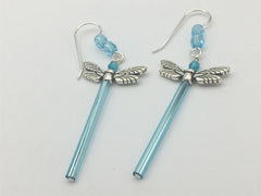 Pewter and Sterling silver dragonfly dangle earrings-aqua glass -dragonflies-