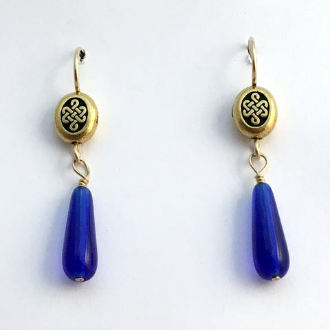 Goldtone Pewter & 14k gf  small oval Celtic Knot Earring- Cobalt Blue glass,