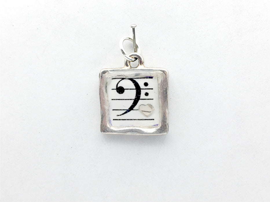 Pewter w/ Bass Clef & sterling silver heart pendant-music, musician, score, love