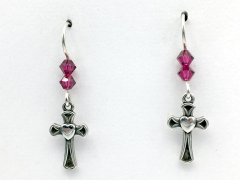 Sterling silver small cross with hearts dangle earrings-religion,crystal ,faith