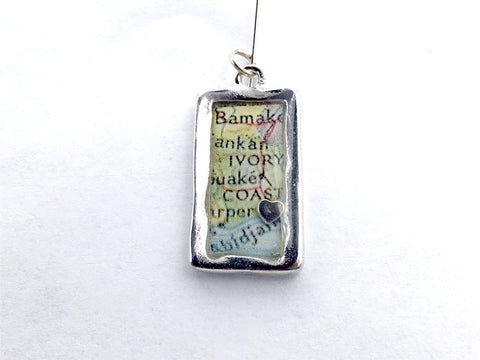 Pewter frame pendant w/vintage Ivory Coast map & sterling silver heart-Abidjan