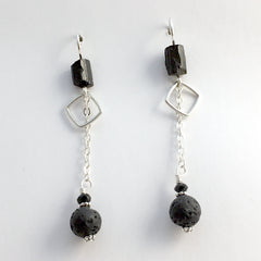 Sterling silver, square with chains, Black Tourmaline , and Volcanic Scoria dangle earrings