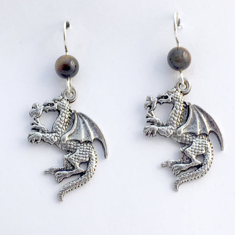 Pewter & sterling silver fire breathing dragon dangle earrings-dragons-tiger eye