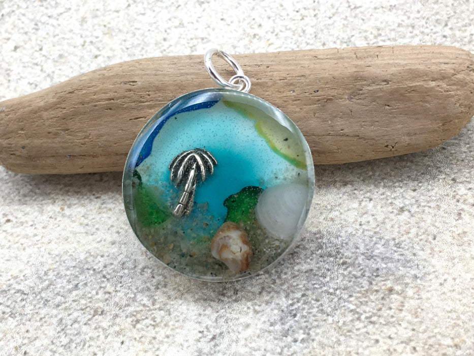 Sterling silver 25mm Round Pendant with Shell, Shells, Sand, Sea glass, Palm Tree, stones,  shore, alcohol ink art, island,  , LBI, New Jersey, beach comber