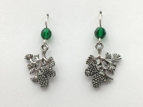 Pewter & Sterling Silver pine cone and branch dangle earrings-tree, cones, pines