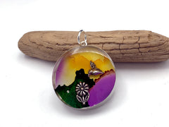 Sterling silver 25mm Round Pendant with Sterling Silver Hummingbird and Flower, alcohol ink,  flowers, sun