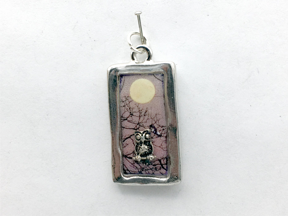 Pewter frame, sterling silver owl with full moon pendant-resin, owls, bird, birds
