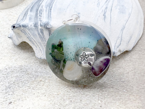 Sterling silver 25mm Round Pendant with Shells, Sand, Sea glass, Sand Dollar, Surf City New Jersey Division Avenue Beach, tide pool, beach comber