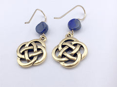 Gold tone Pewter &14k gf Celtic large Round Knot earrings- Lapis Lazuli