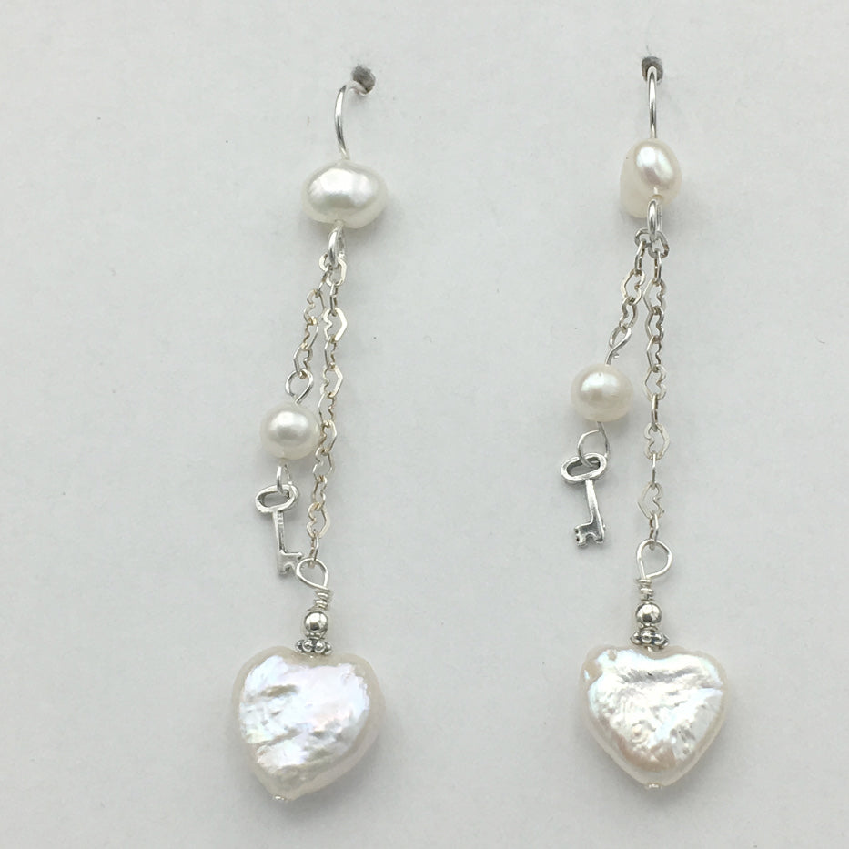 Sterling Silver and Freshwater Pearl heart dangle earrings-love, key to my heart, hearts