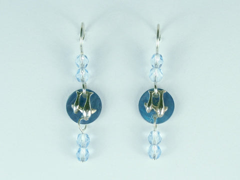 Sterling silver  double dolphin dangle earrings, shell, glass, sea, dolphins