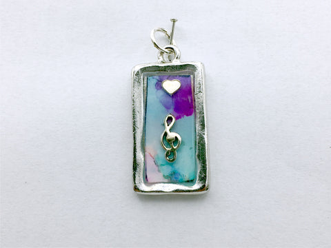 Pewter frame with Sterling Silver Treble Clef  and heart pendant-resin, alcohol ink, purple, green, music, musician