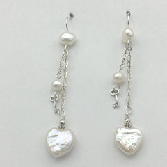 Sterling Silver and Freshwater Pearl heart dangle earrings-love, key to my heart, hearts