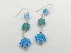 Sterling silver & white, aqua, green  glass millefiori flower beads dangle earrings