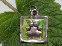 Pewter with jungle print & sterling silver paw print pendant-resin, cat, dog