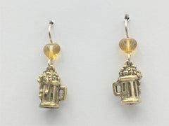 Goldtone Pewter & 14k GF wire Beer Stein earrings-Brewery, Mug, Drinks, Brewpub