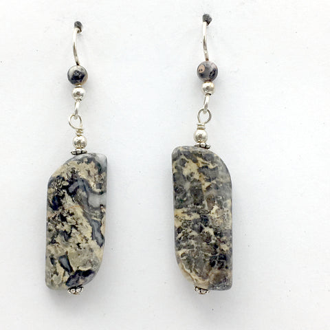 Sterling silver long curved Leopardskin Jasper dangle earrings