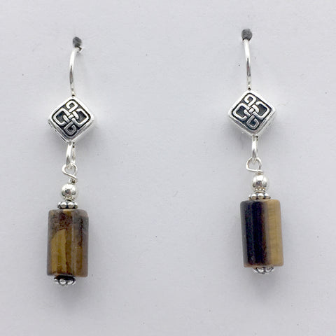 Pewter & Sterling Silver rhombus Celtic  knot dangle Earrings-tiger eye, knots
