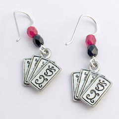 Pewter & Sterling Silver Playing Card dangle earrings-Poker, cards, gambler, ace