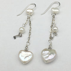 Sterling Silver and Freshwater Pearl heart dangle earrings-love, key to my heart, hearts