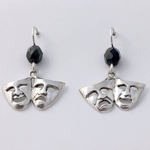 Sterling silver large Comedy & Tragedy mask dangle Earrings-Drama, theater, actor