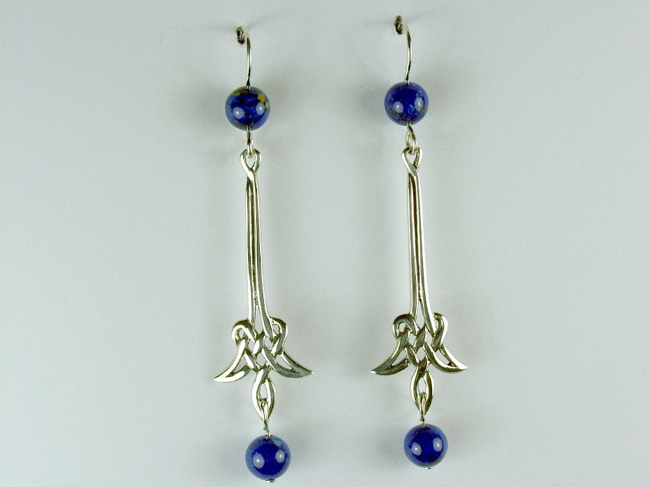 Sterling Silver Long drop angular Celtic Knot Earrings- Lapis Lazuli, gorgeous