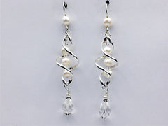 Sterling Silver long open twist drop Earrings- Celtic Knot, crystal, freshwater pearls, bridal