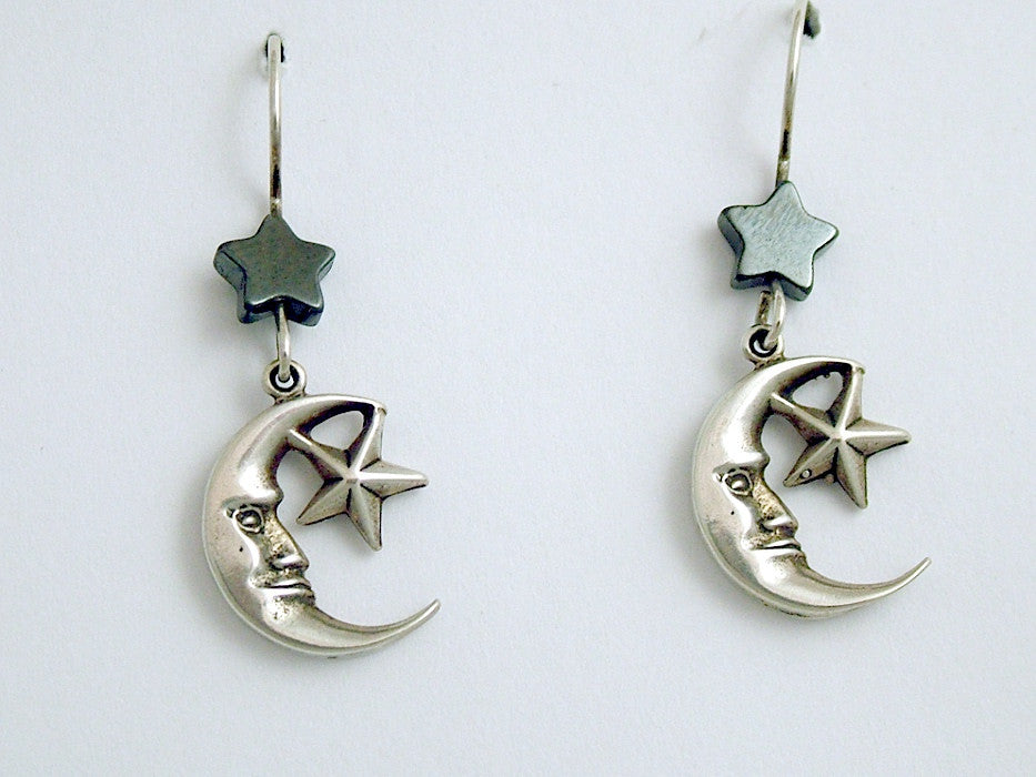 Sterling Silver crescent moon face & star dangle earrings- hematite, moons