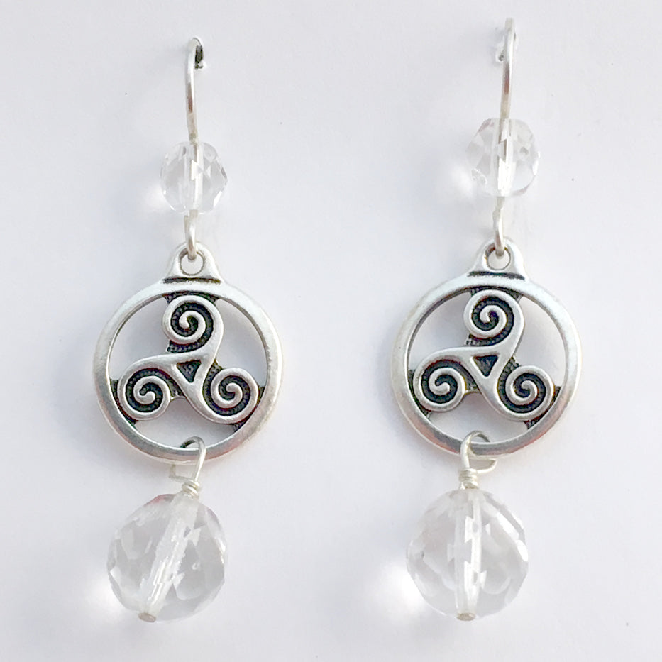 Pewter & Sterling Silver Triskelion in circle Celtic dangle Earrings-clear glass