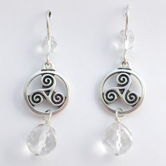 Pewter & Sterling Silver Triskelion in circle Celtic dangle Earrings-clear glass