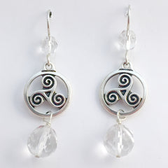 Pewter & Sterling Silver Triskelion in circle Celtic dangle Earrings-clear glass