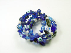 4 Strand Glass lampwork bead, crystal bead, freshwater Pearl Memory Wire Bracelet, Blues