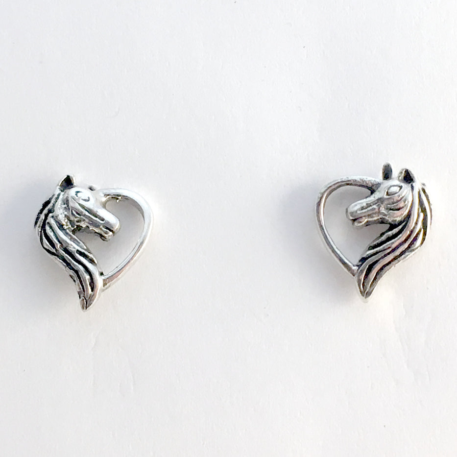 Sterling Silver horse head heart stud earrings-horses, studs, equine, hearts
