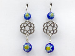Sterling Silver Large Round Celtic Knot dangle earrings- Millefiori glass, blue