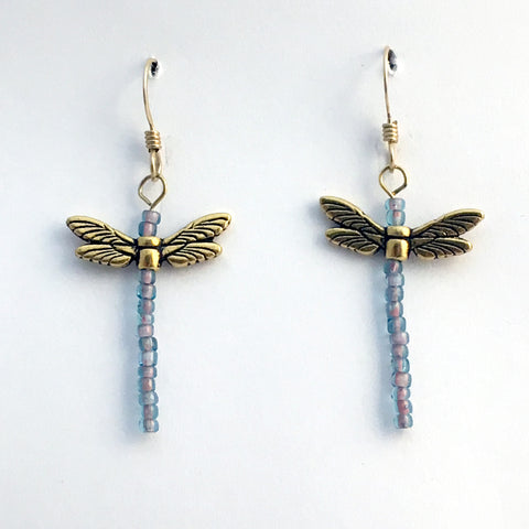 Gold tone Pewter & glass Dragonfly dangle earring-14kgf -dragonflies-long pink, blue