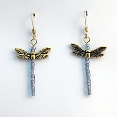 Gold tone Pewter & glass Dragonfly dangle earring-14kgf -dragonflies-long pink, blue