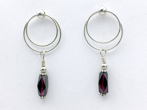 Sterling silver 4mm ball stud with double hoop dangle earrings-garnet