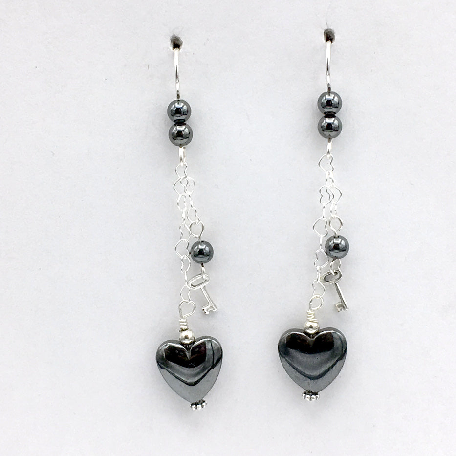 Sterling Silver and Hematite heart dangle earrings-love, key to my heart, hearts