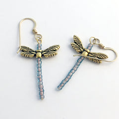 Gold tone Pewter & glass Dragonfly dangle earring-14kgf -dragonflies-long pink, blue